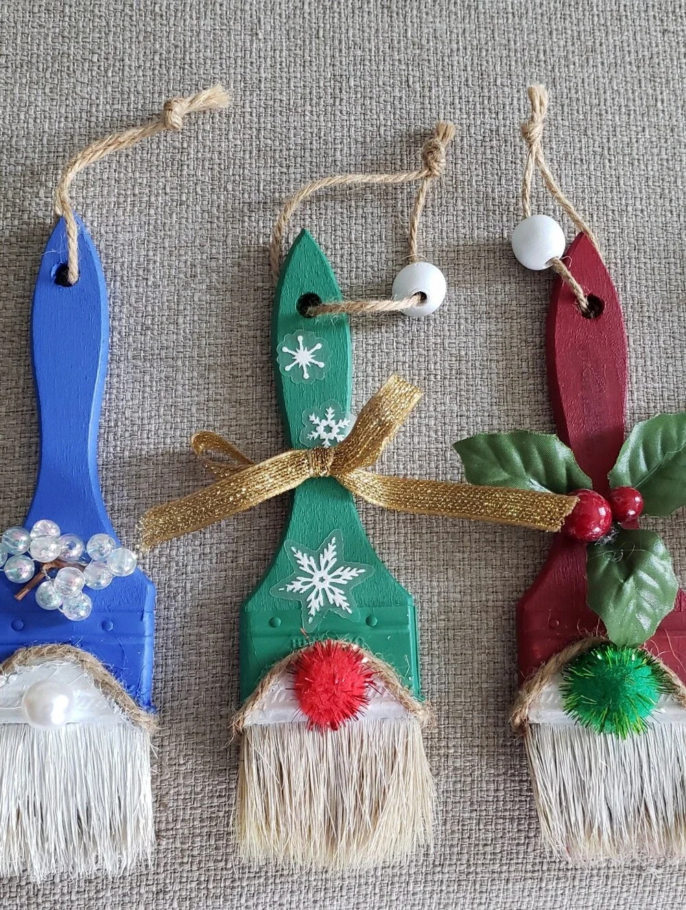 Santa's Little Helpers Painted Paintbrush Ornaments - Blue, Green, Red